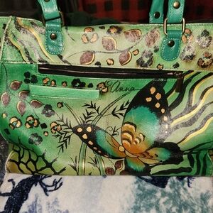 Anuschka Green and Black Butterfly Shoulder Bag